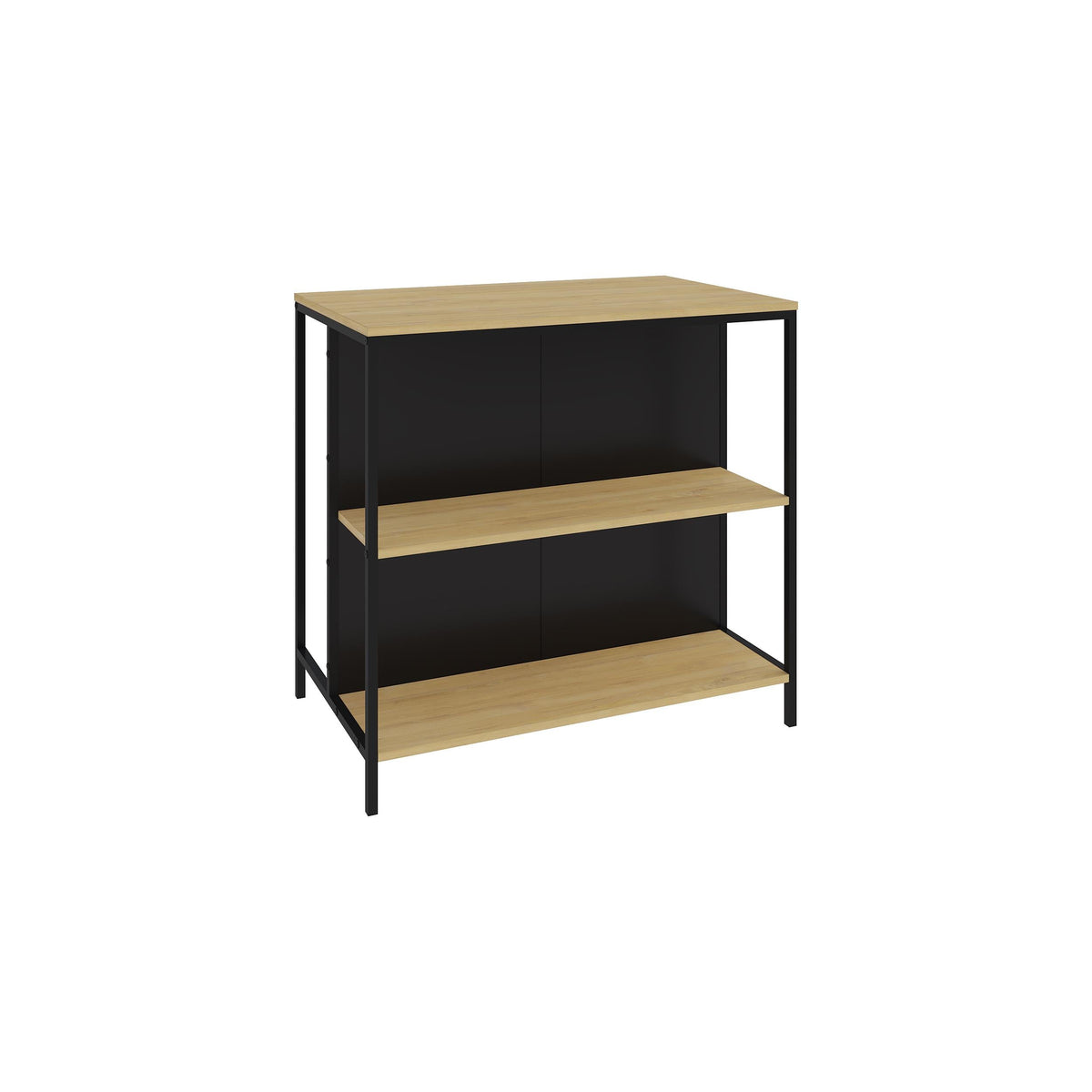 Sapphire Oak and Silky Black bar table with two open shelves and straight metal legs
