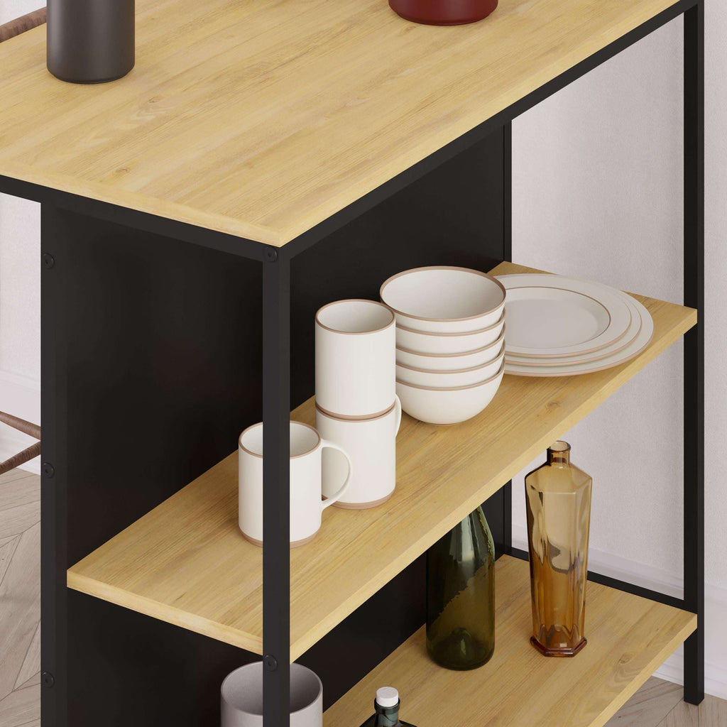 Bar table with open oak shelves holding cups and bottles, Silky Black metal frame