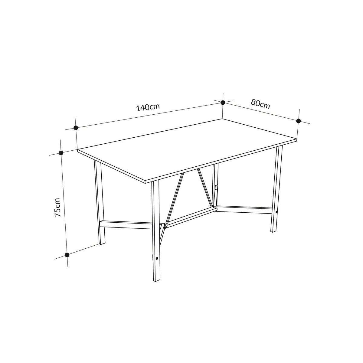 Measured line drawing of rectangular dining table: 140 cm length, 75 cm height