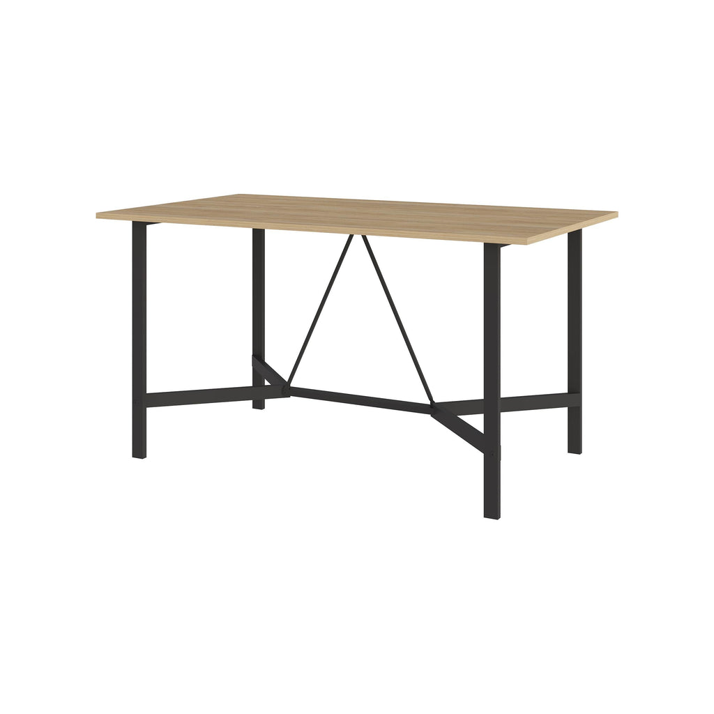 Rectangular dining table with light wood top and black metal base with cross brace