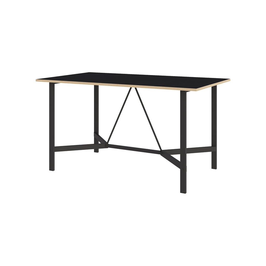 Rectangular dining table with black top and black metal base with cross brace