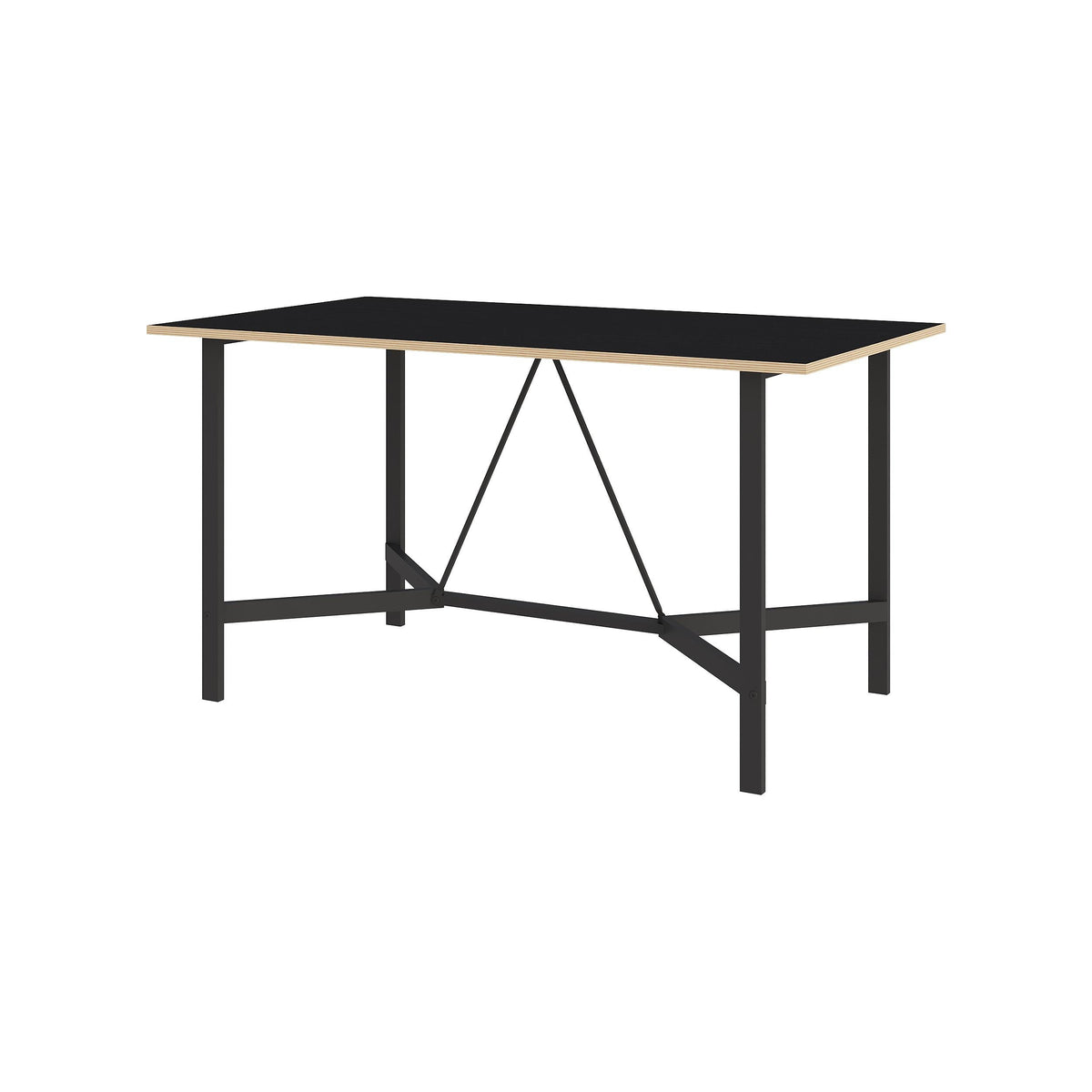 Rectangular dining table with black top and black metal base with cross brace