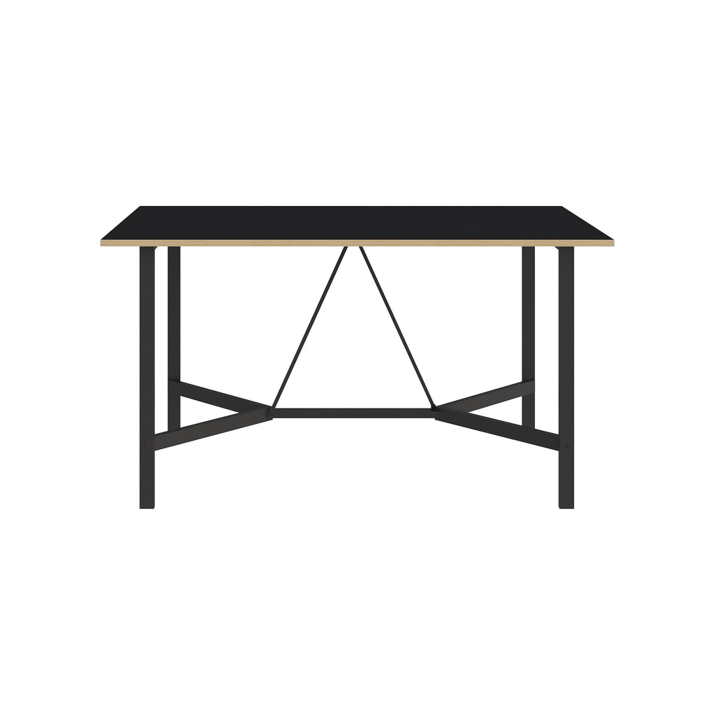 Dark-top dining table with black metal sides and triangular support brace