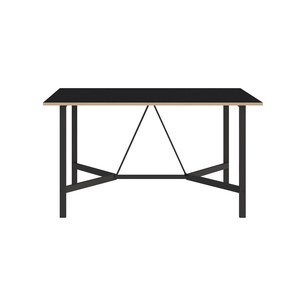 Dark-top dining table with black metal sides and triangular support brace