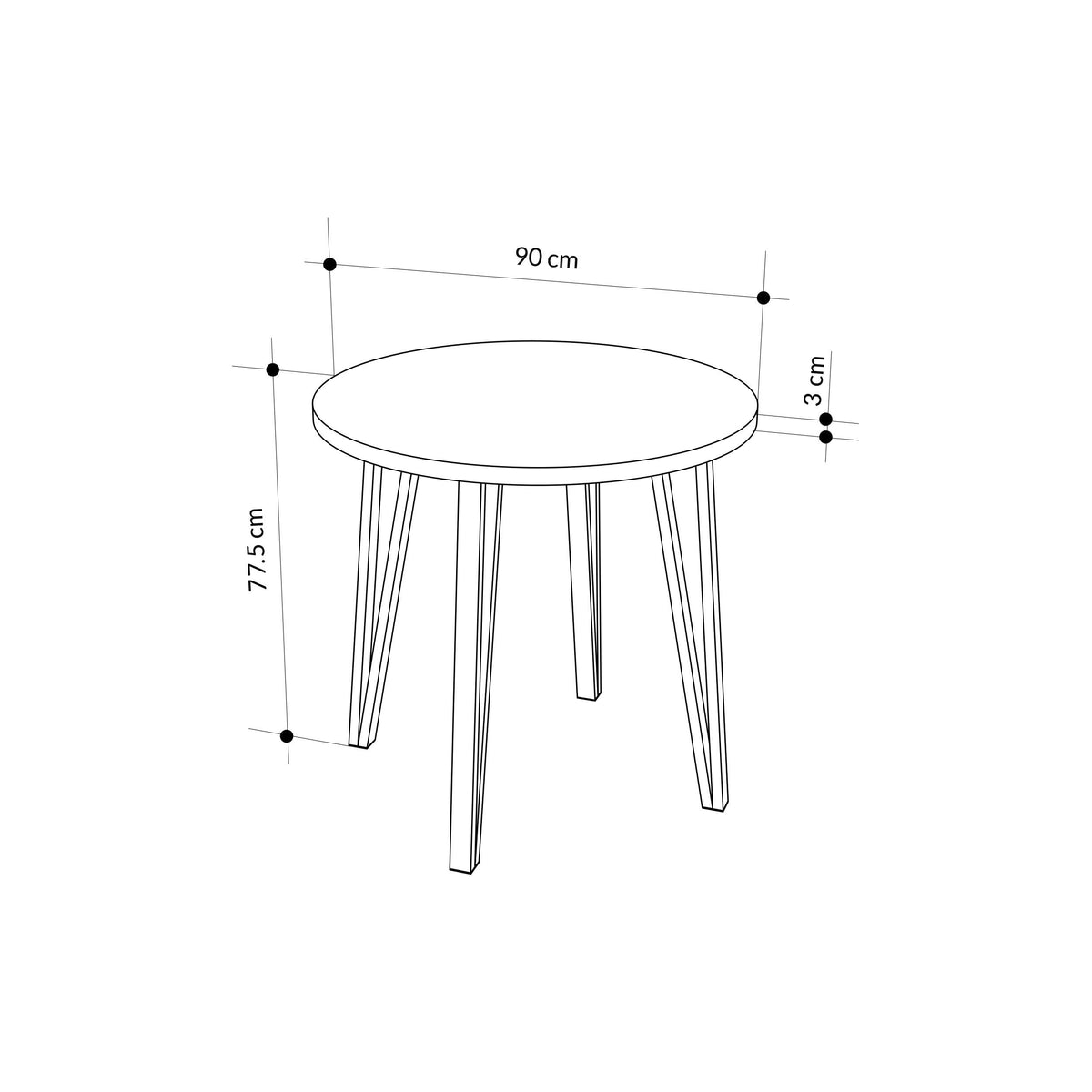 Round dining table dimensions: 90 cm wide, 77.5 cm high