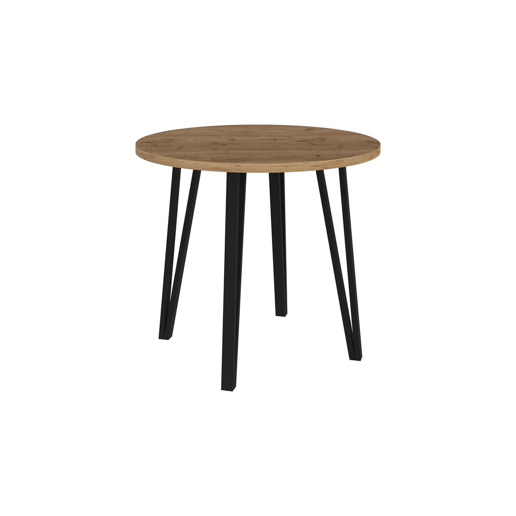 Round dining table with natural wood top and black four-leg base
