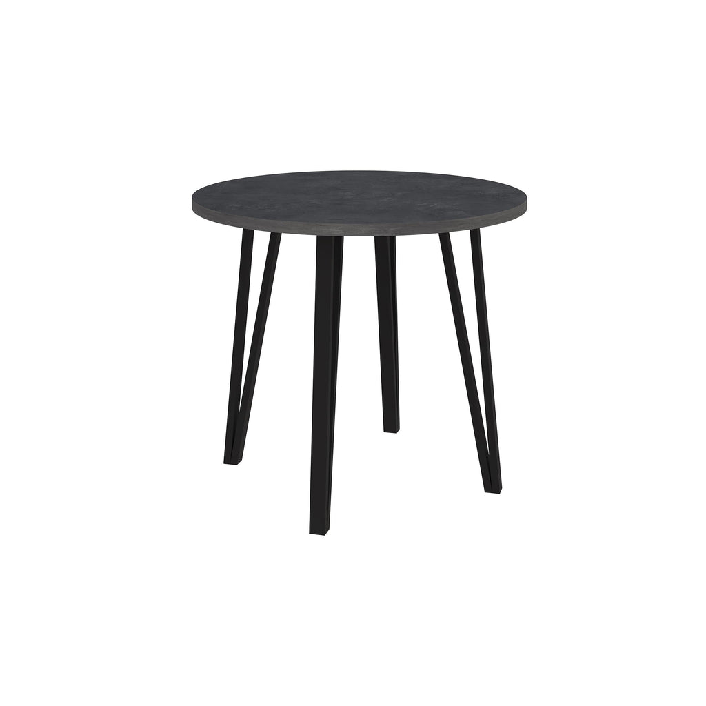 Round dining table with dark round top and black four-leg base