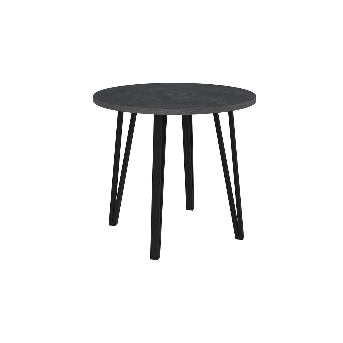 Round dining table with dark round top and black four-leg base