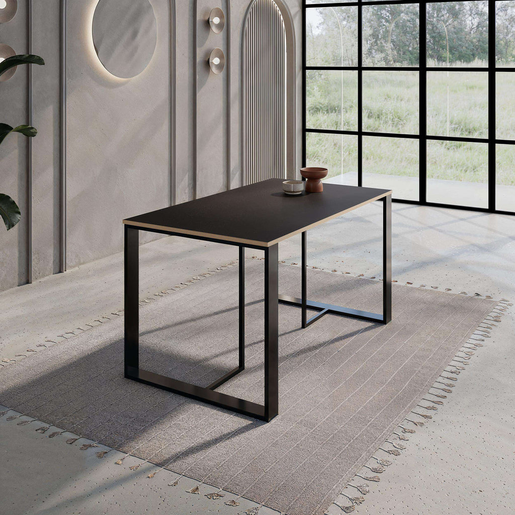 Black wood dining table with square top and open metal frame, 140x80 cm
