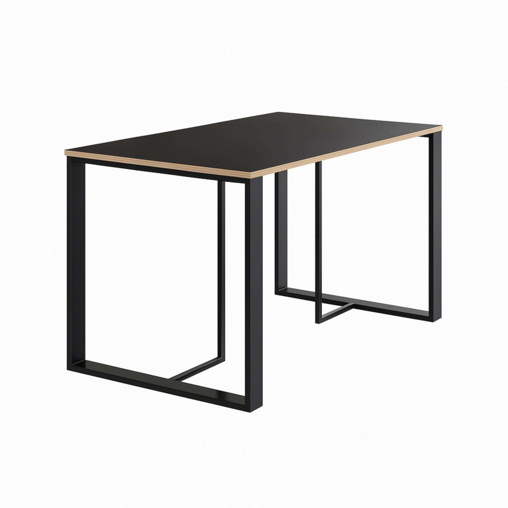 Black rectangular dining table with sturdy metal legs and squared apron