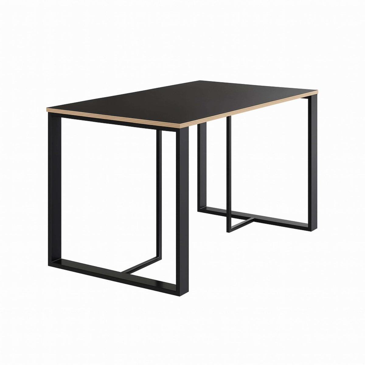Black rectangular dining table with sturdy metal legs and squared apron