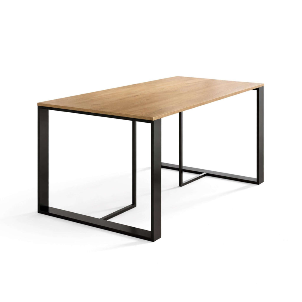 Natural oak dining table with rectangular wood top and black metal frame