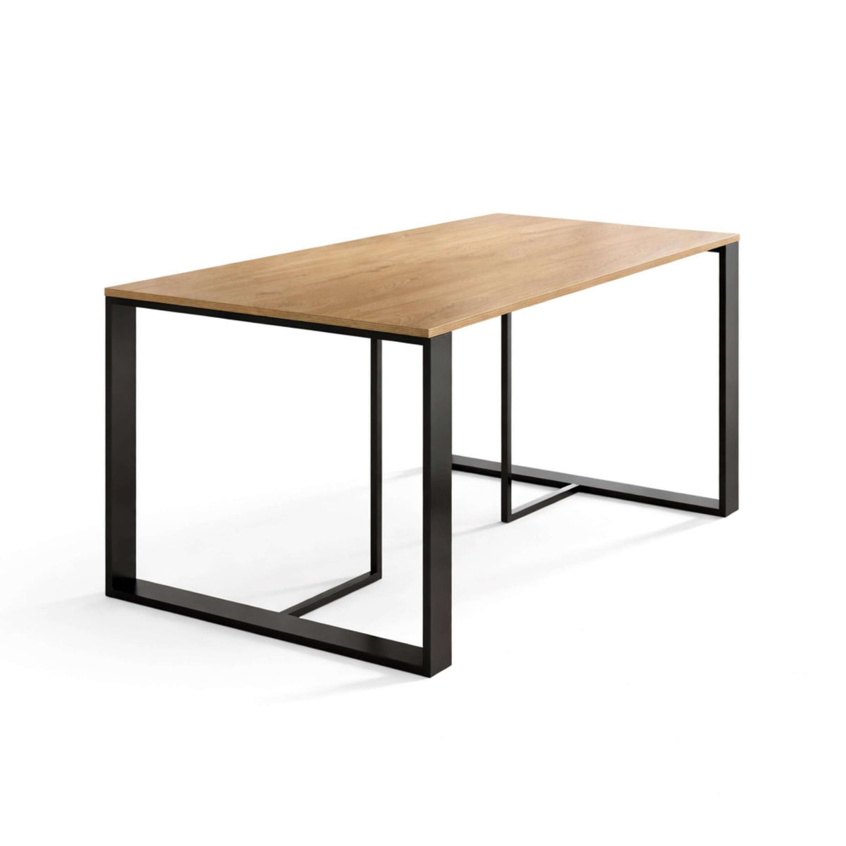 Natural oak dining table with rectangular wood top and black metal frame