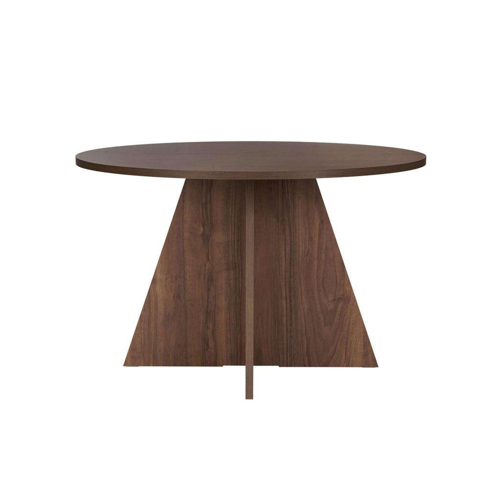 Round dark-wood dining table with three-sided pedestal base