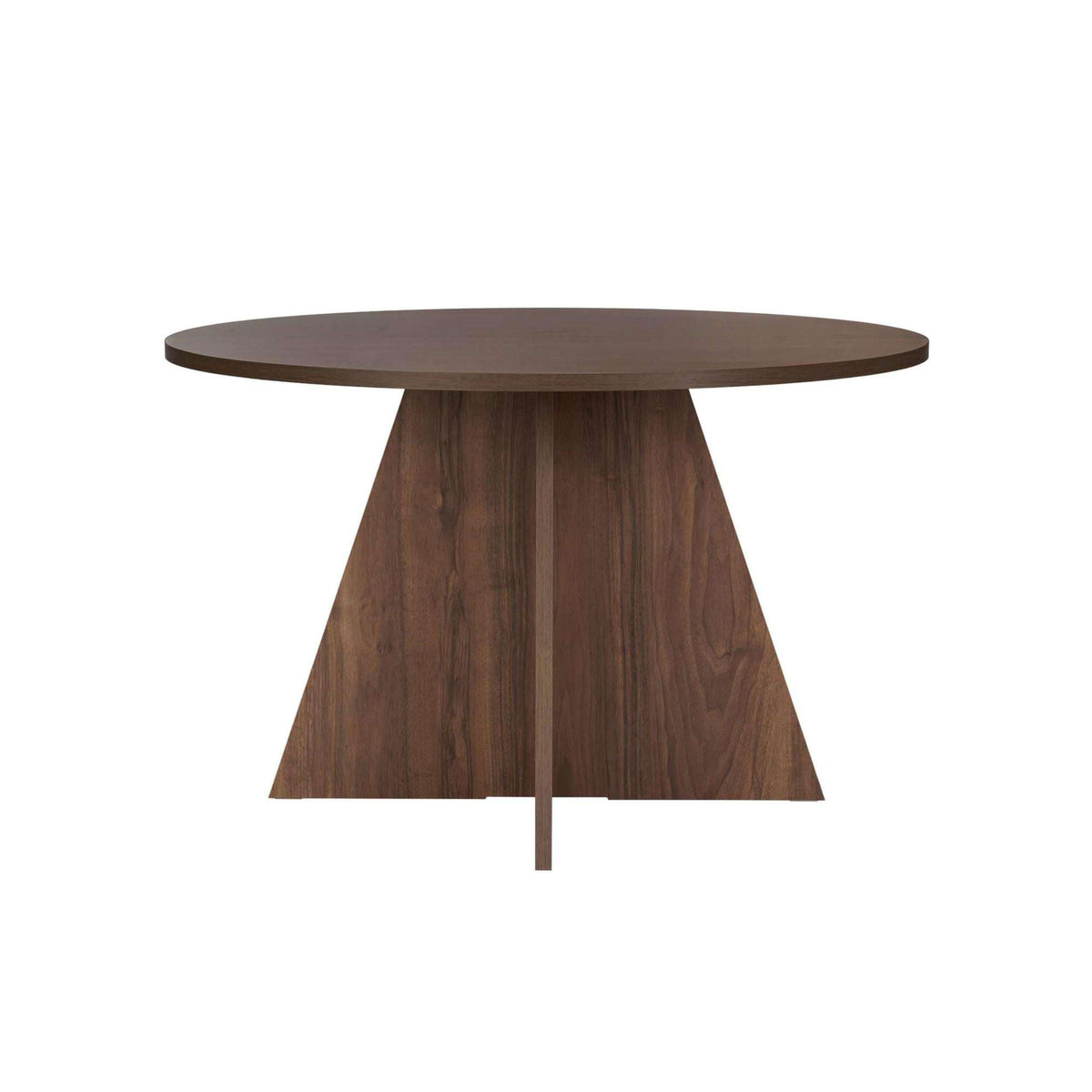 Round dark-wood dining table with three-sided pedestal base