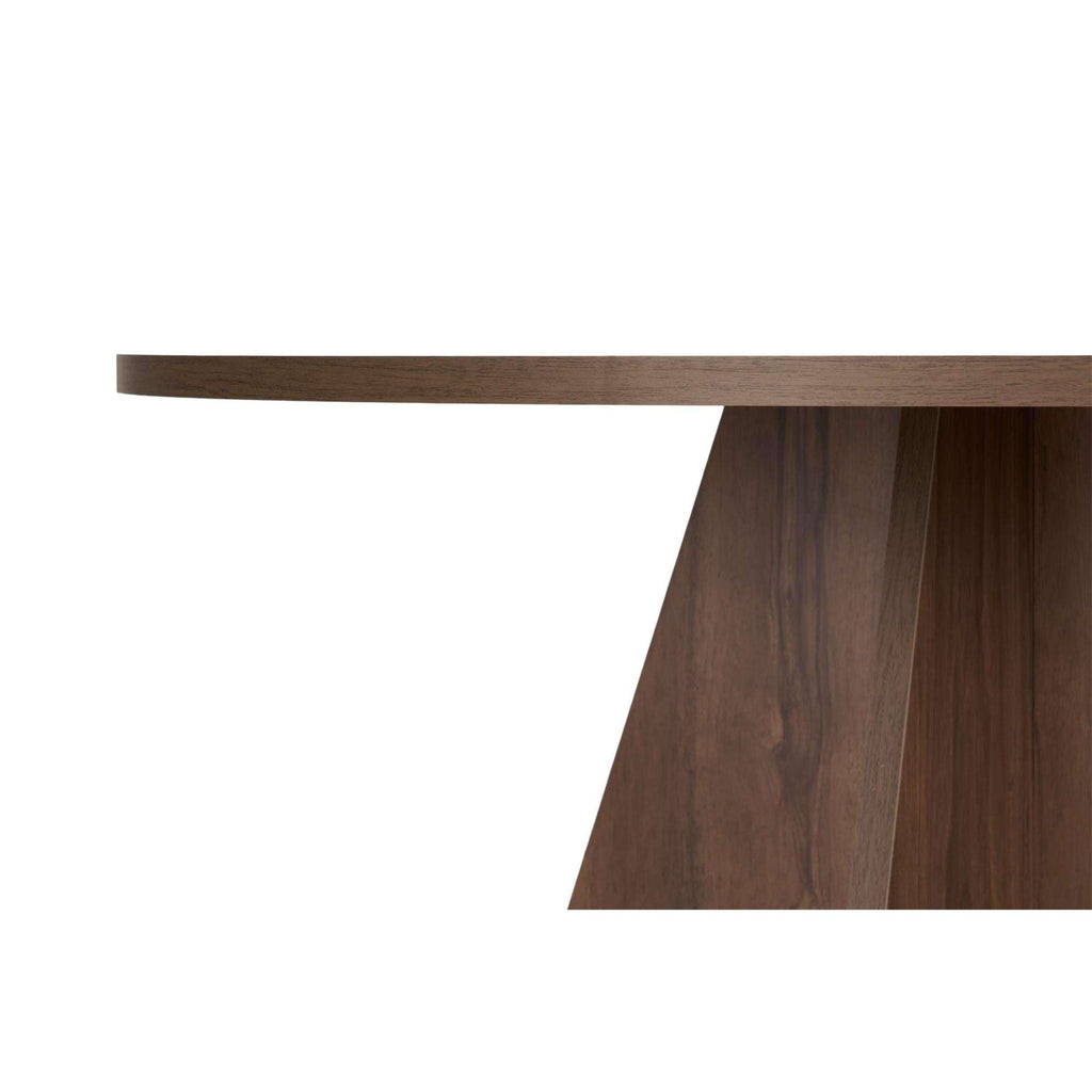 Dark wood round tabletop edge with pedestal base and grain detail