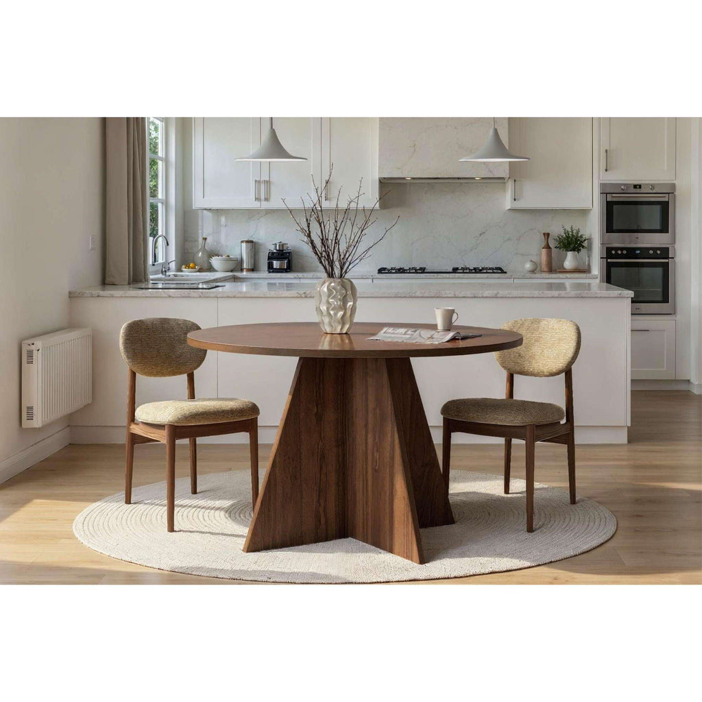 Walnut round dining table with tapered pedestal base, 120 cm