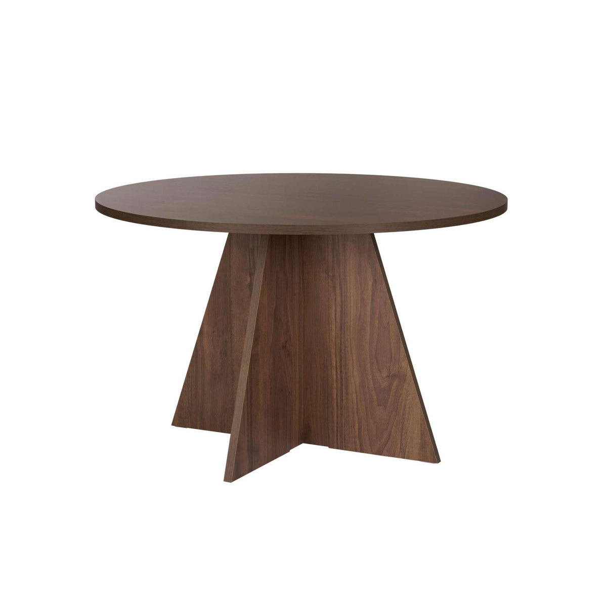 Round dining table with dark wood top and three triangular pedestal legs