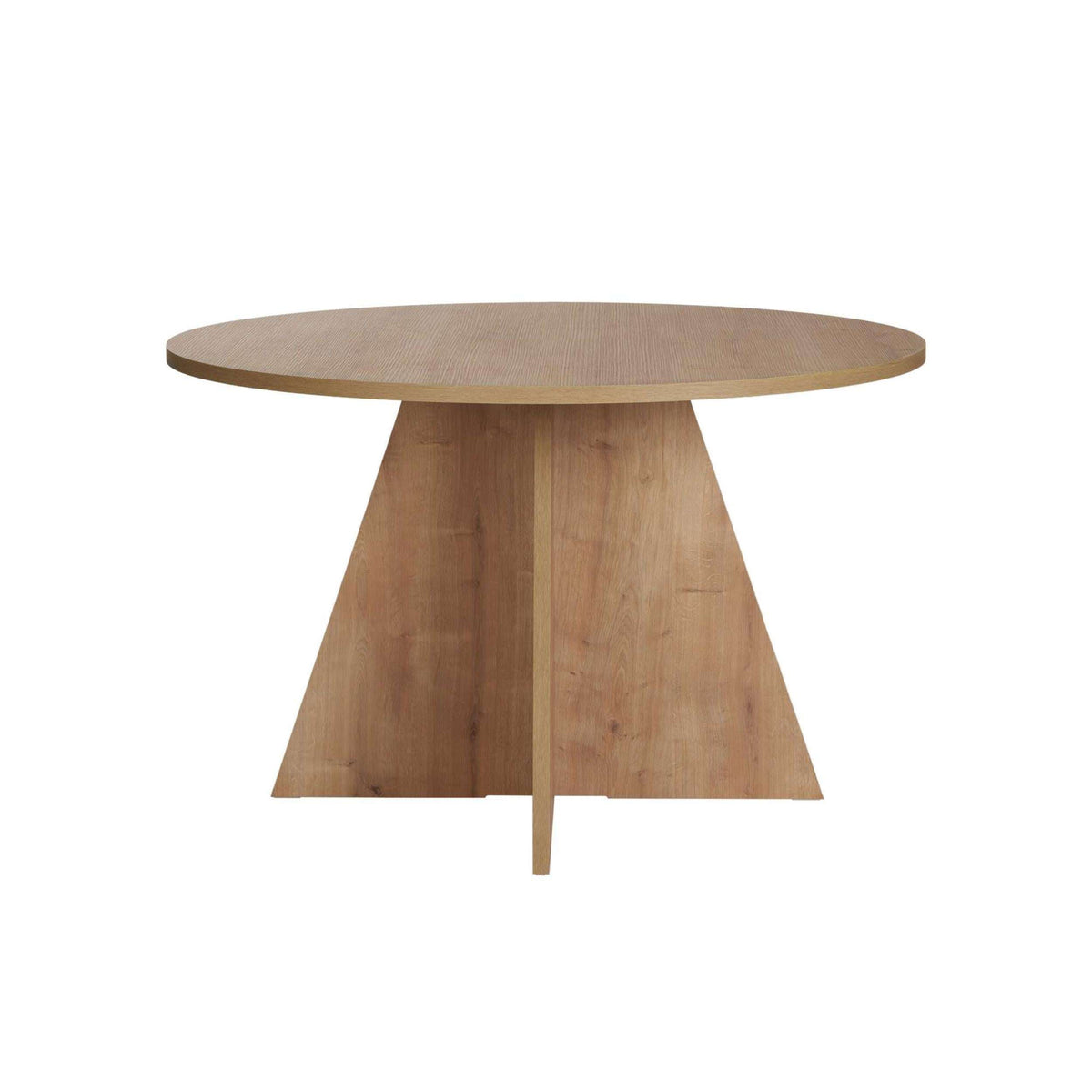 Round dining table with light wood finish and three triangular pedestal legs