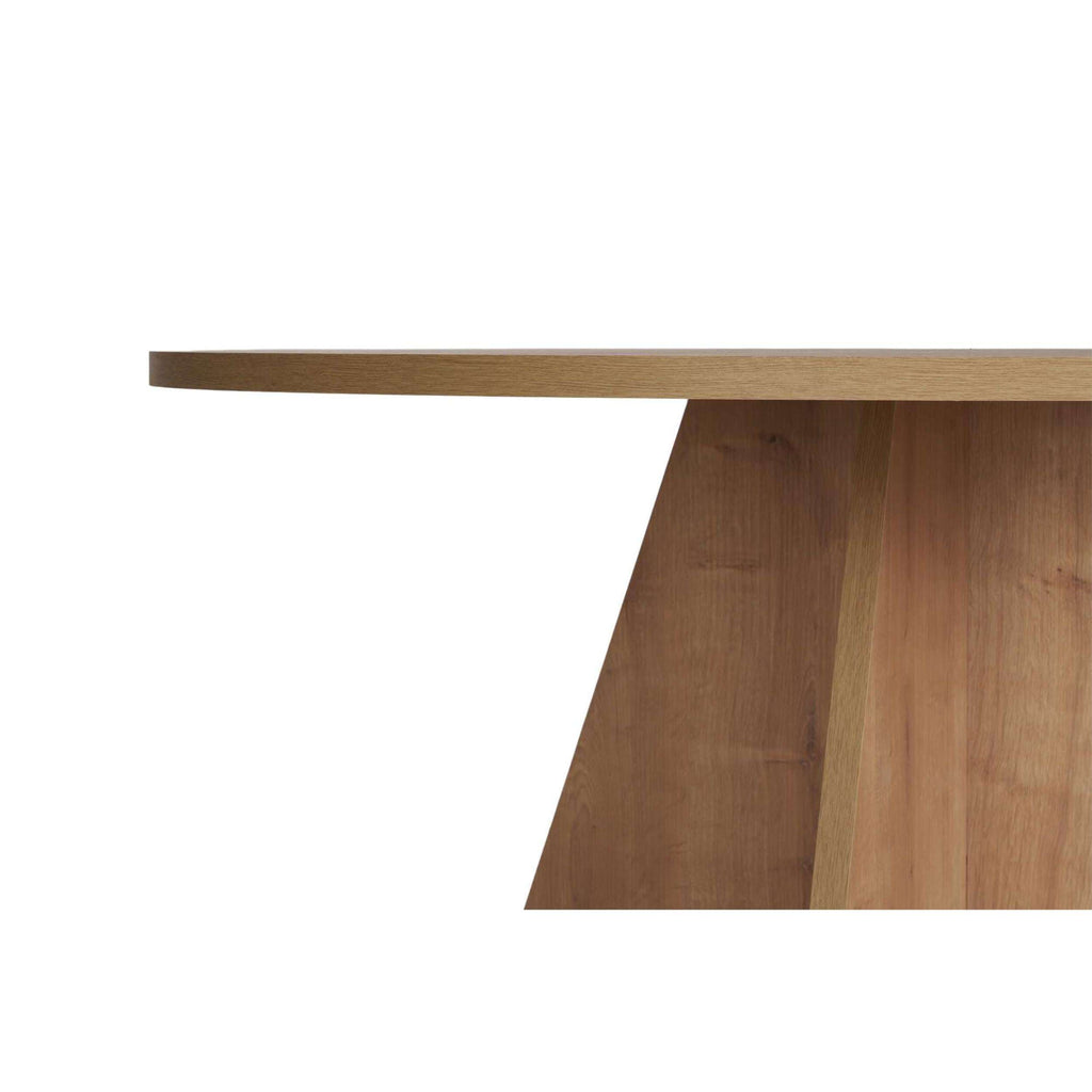Light wood round tabletop edge with three-sided pedestal base detail