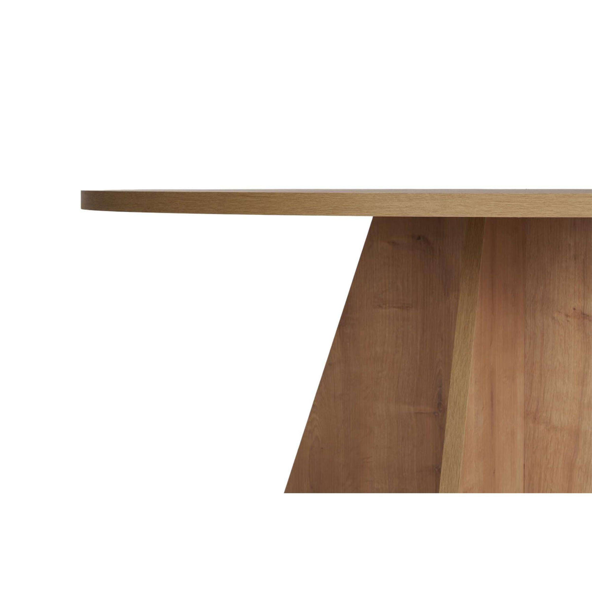 Light wood round tabletop edge with three-sided pedestal base detail