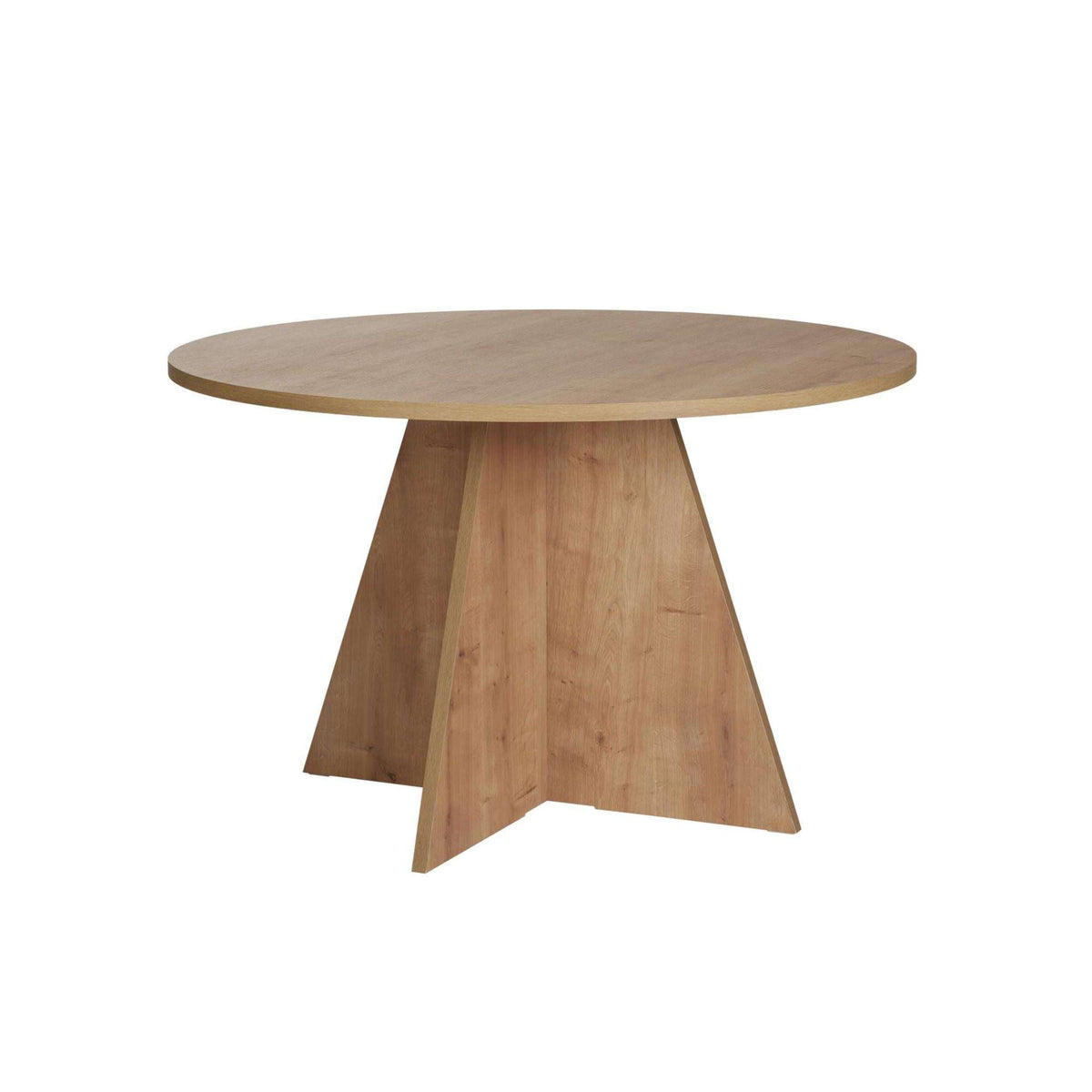 Round wooden dining table with tapered pedestal base in light wood, Atlantic pine tone