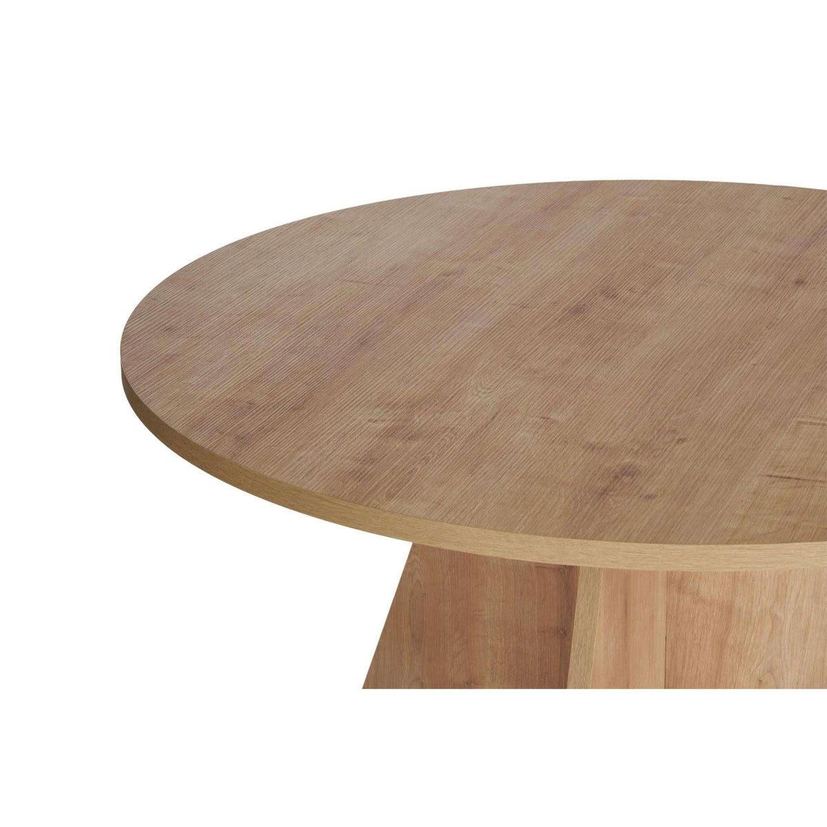 Round dining table with light wood top and three-sided pedestal base