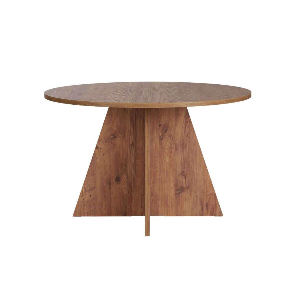 Round dining table viewed straight-on, tapered pedestal base in light Atlantic pine
