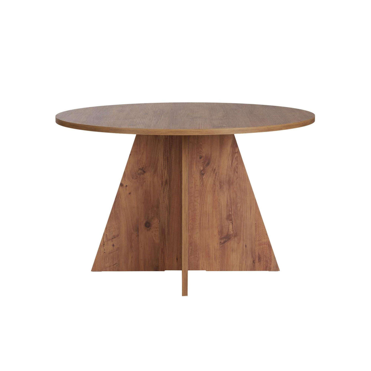 Round dining table viewed straight-on, tapered pedestal base in light Atlantic pine