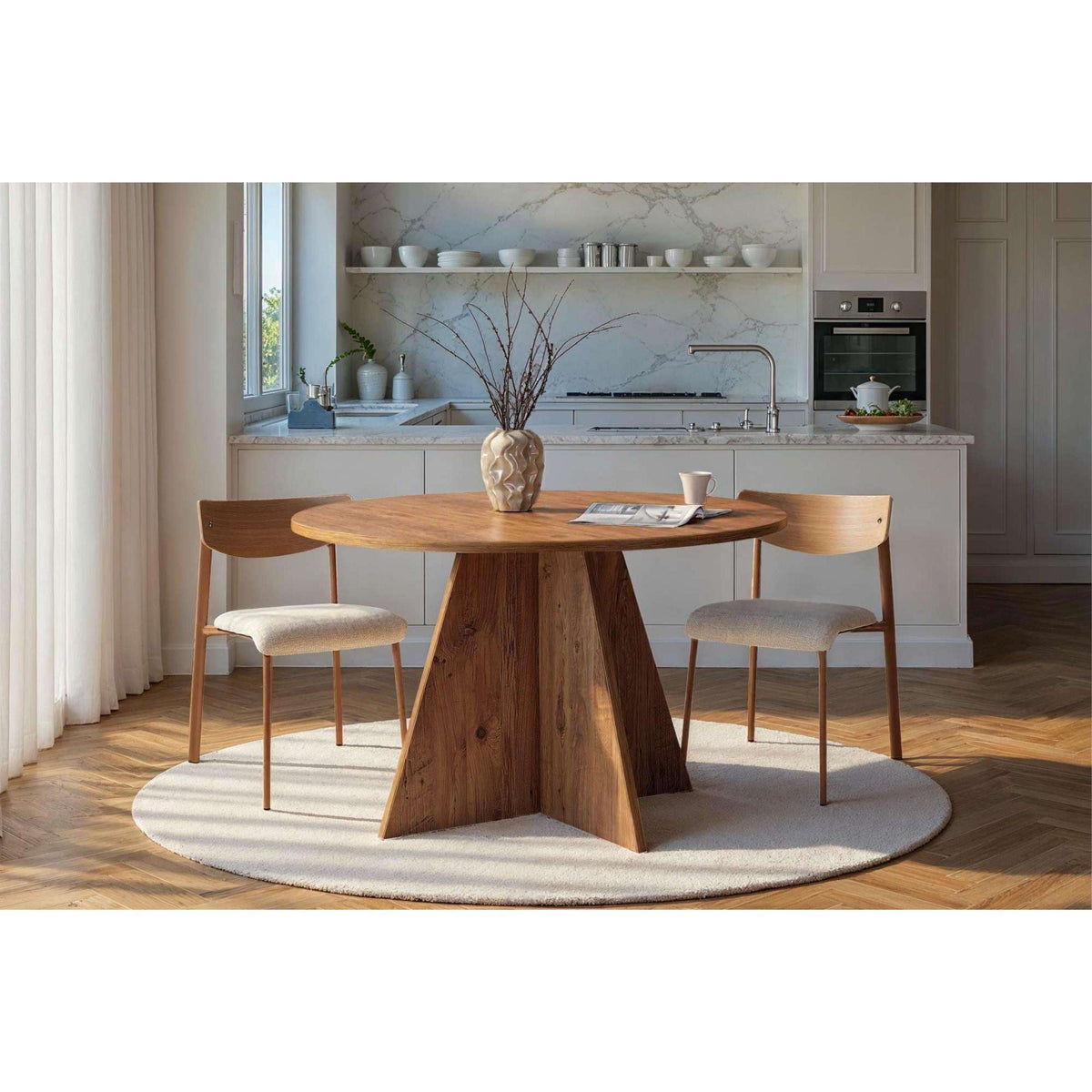 Round wooden dining table with tapered pedestal base in light wood, Atlantic pine tone