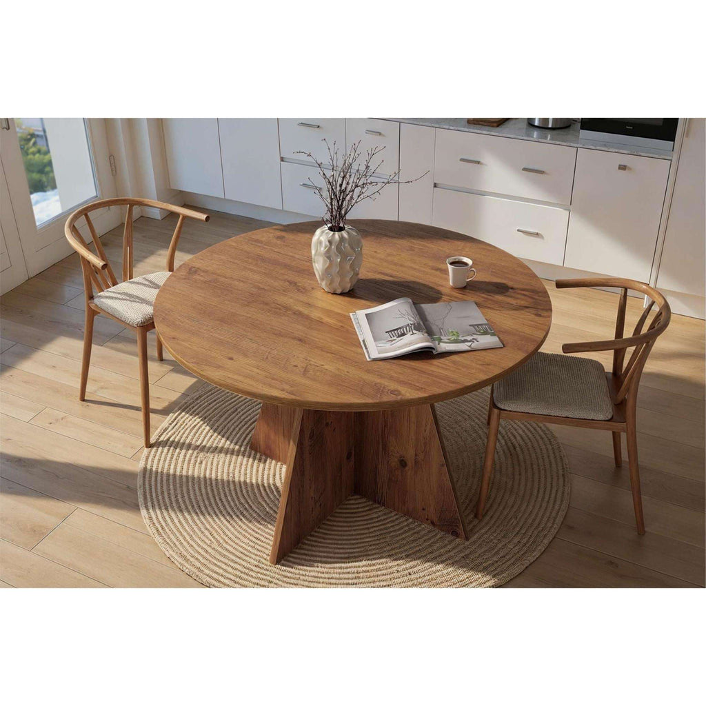 Round wooden dining table with tapered pedestal base, Atlantic pine tone, 120 cm top