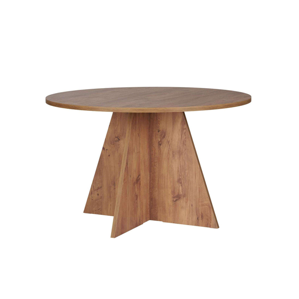 Round wooden dining table with conical pedestal base in light wood, Atlantic pine tone