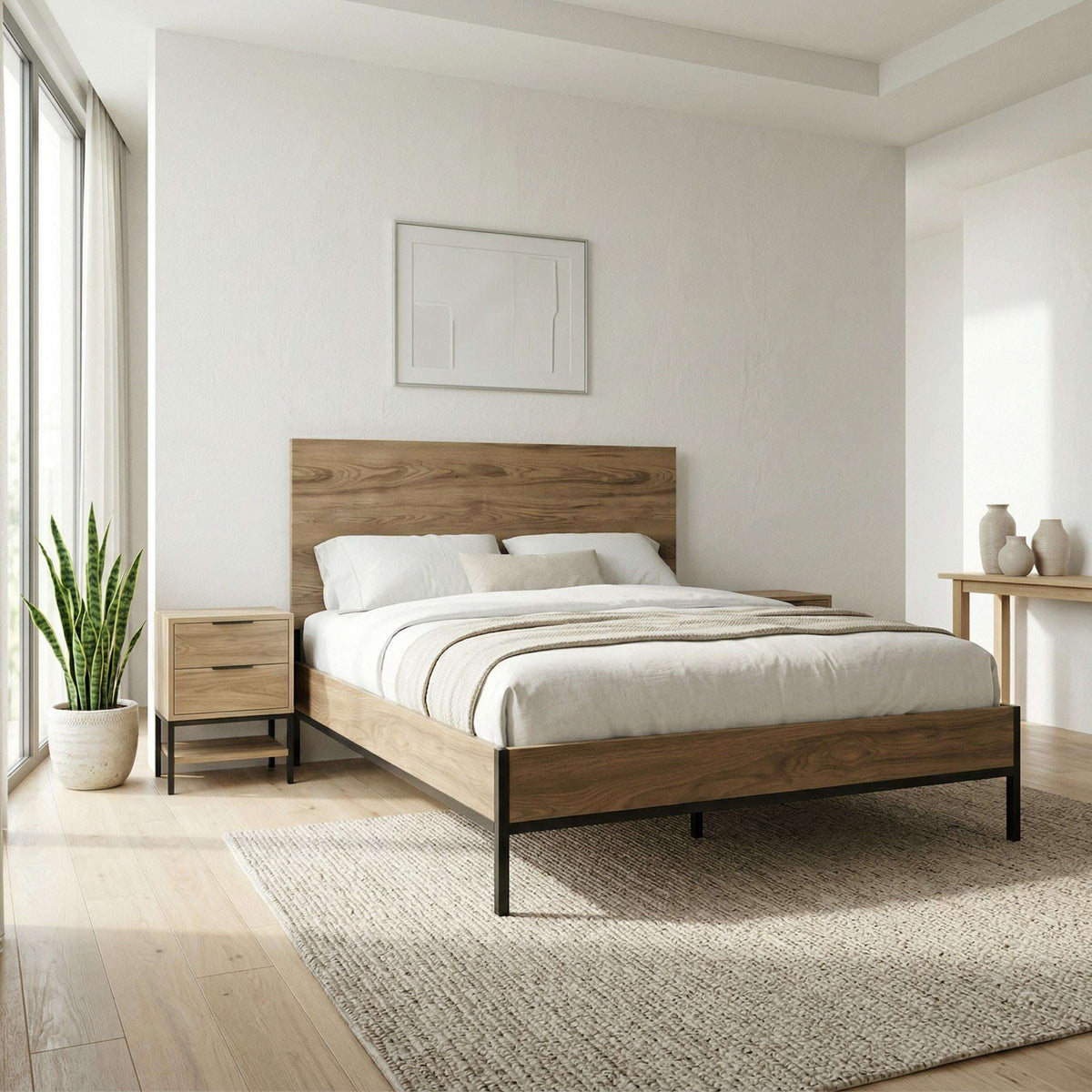 Mars bed frame in whiskey oak with low headboard, black legs, and wooden side rails