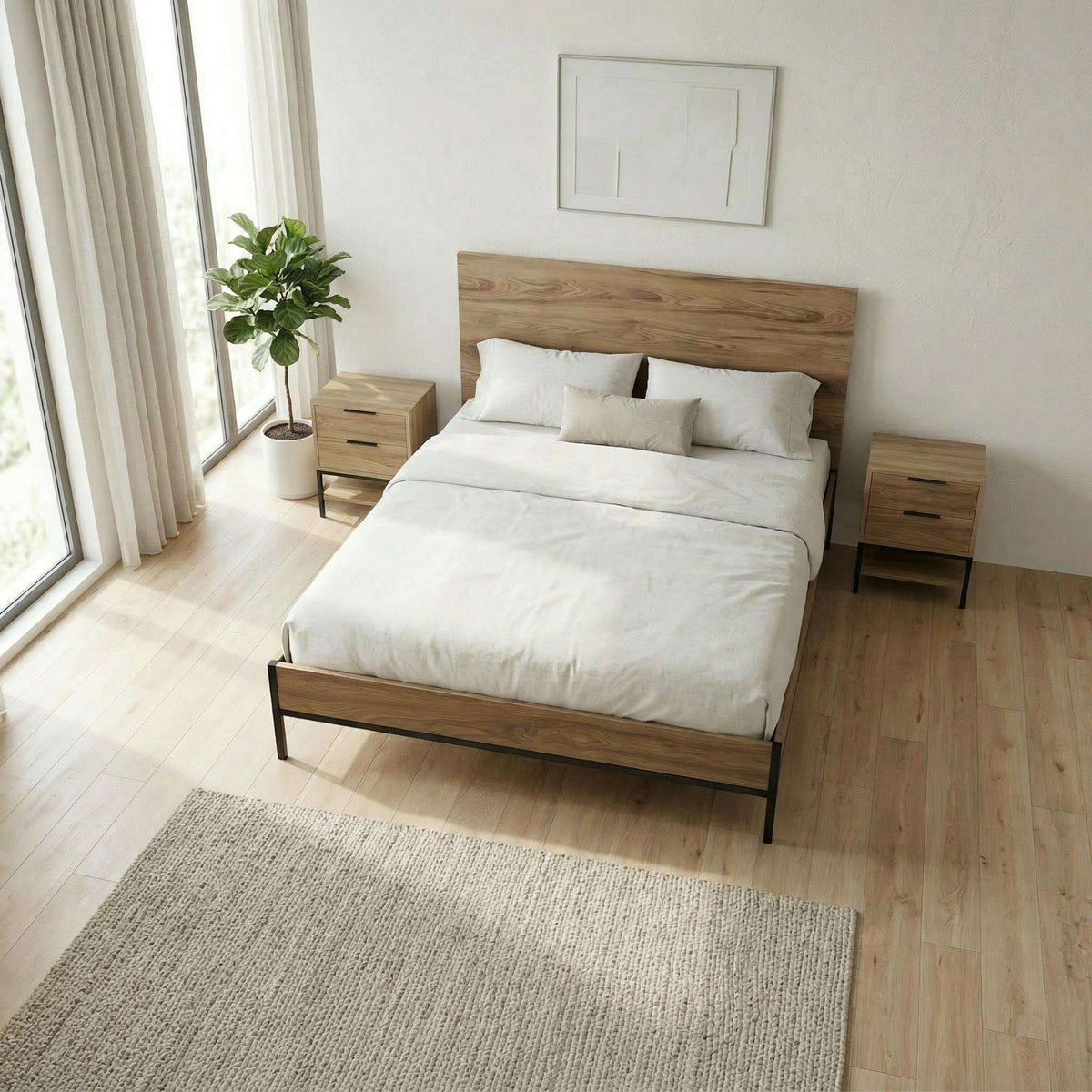 Mars bed frame in whiskey oak with low headboard, black legs, and open platform base