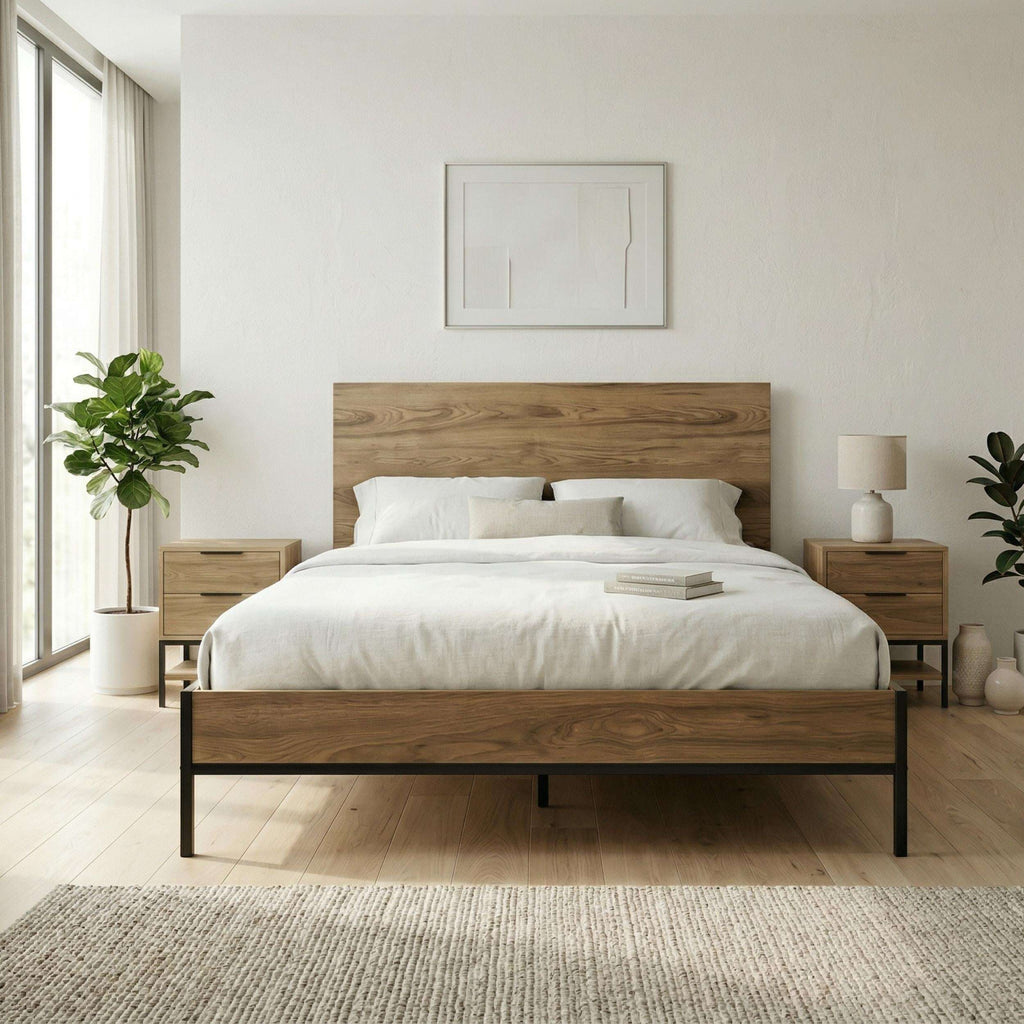Mars bed frame in whiskey oak with low headboard and black metal legs