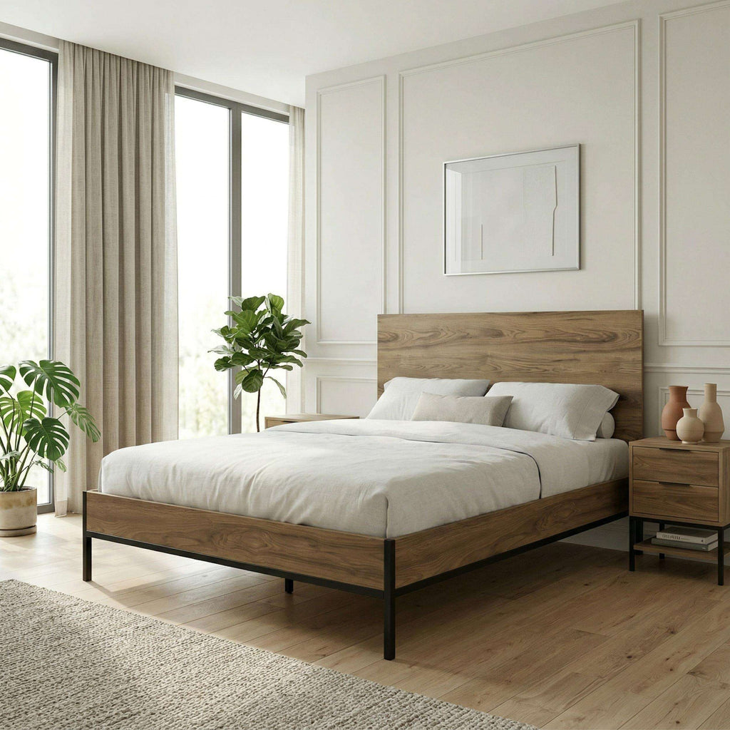 Mars bed frame in whiskey oak with low headboard, black legs, and platform base