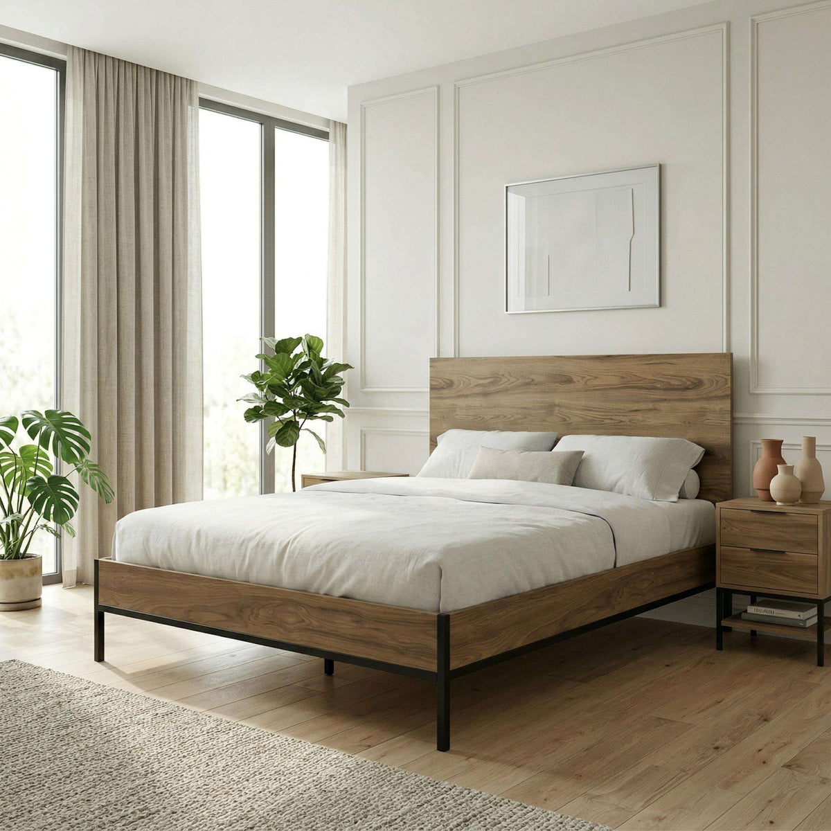 Mars bed frame in whiskey oak with low headboard, black legs, and platform base