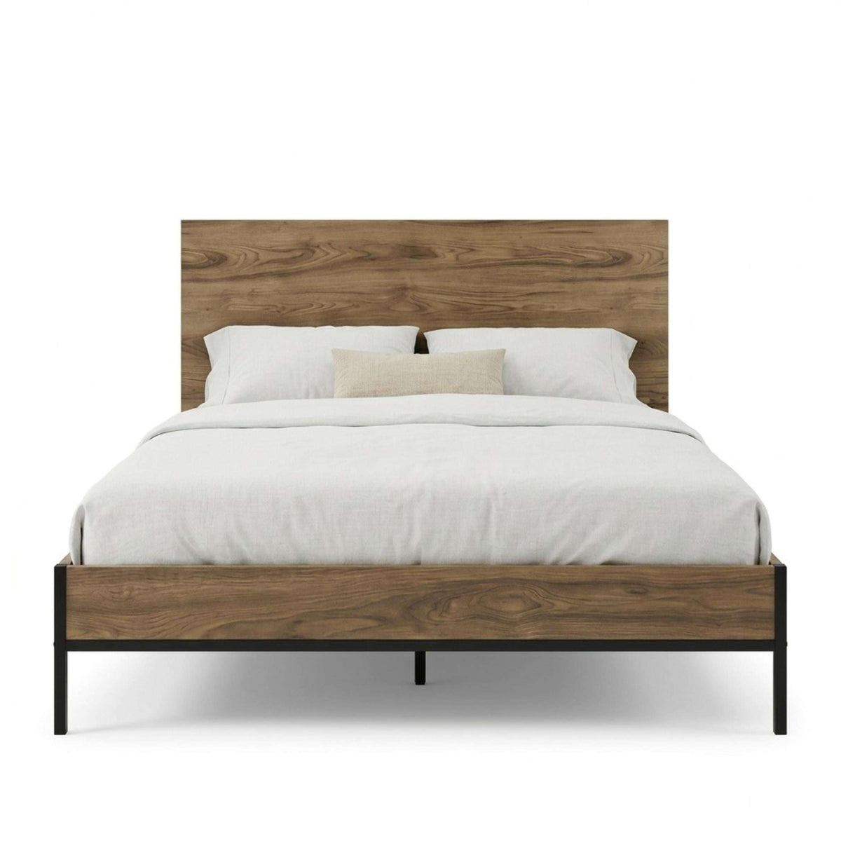 Mars bed frame in whiskey oak with low headboard and black support legs