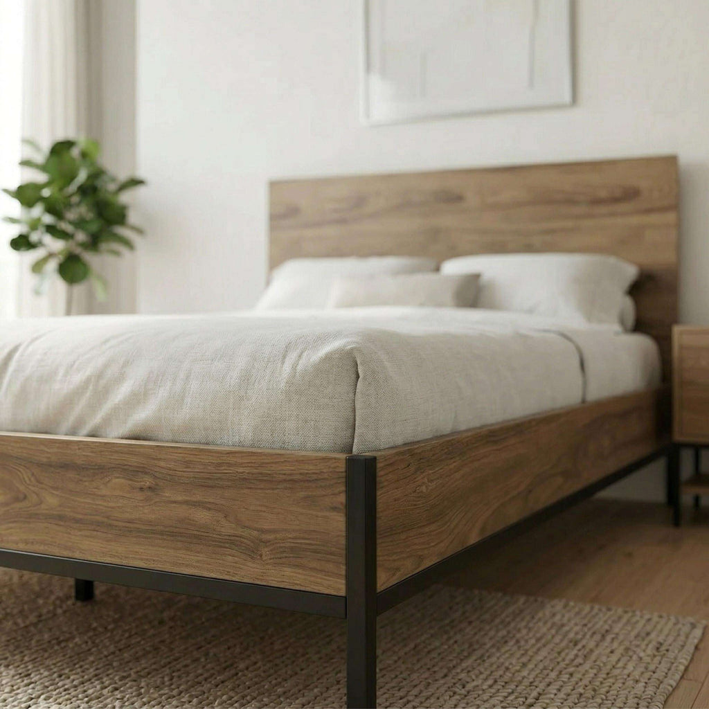 Mars bed frame in whiskey oak with low wooden panel and black corner supports