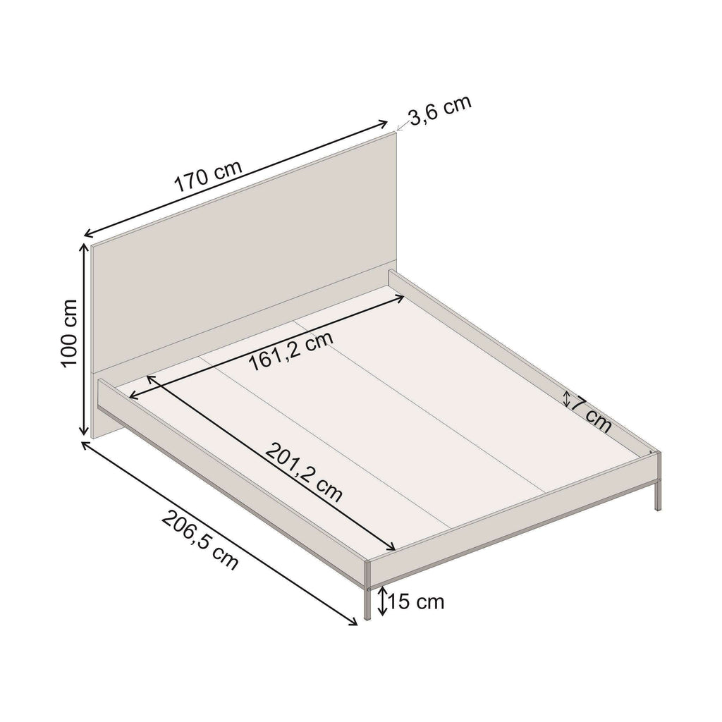 Mars bed frame dimension diagram showing 206.5 cm length and 100 cm height