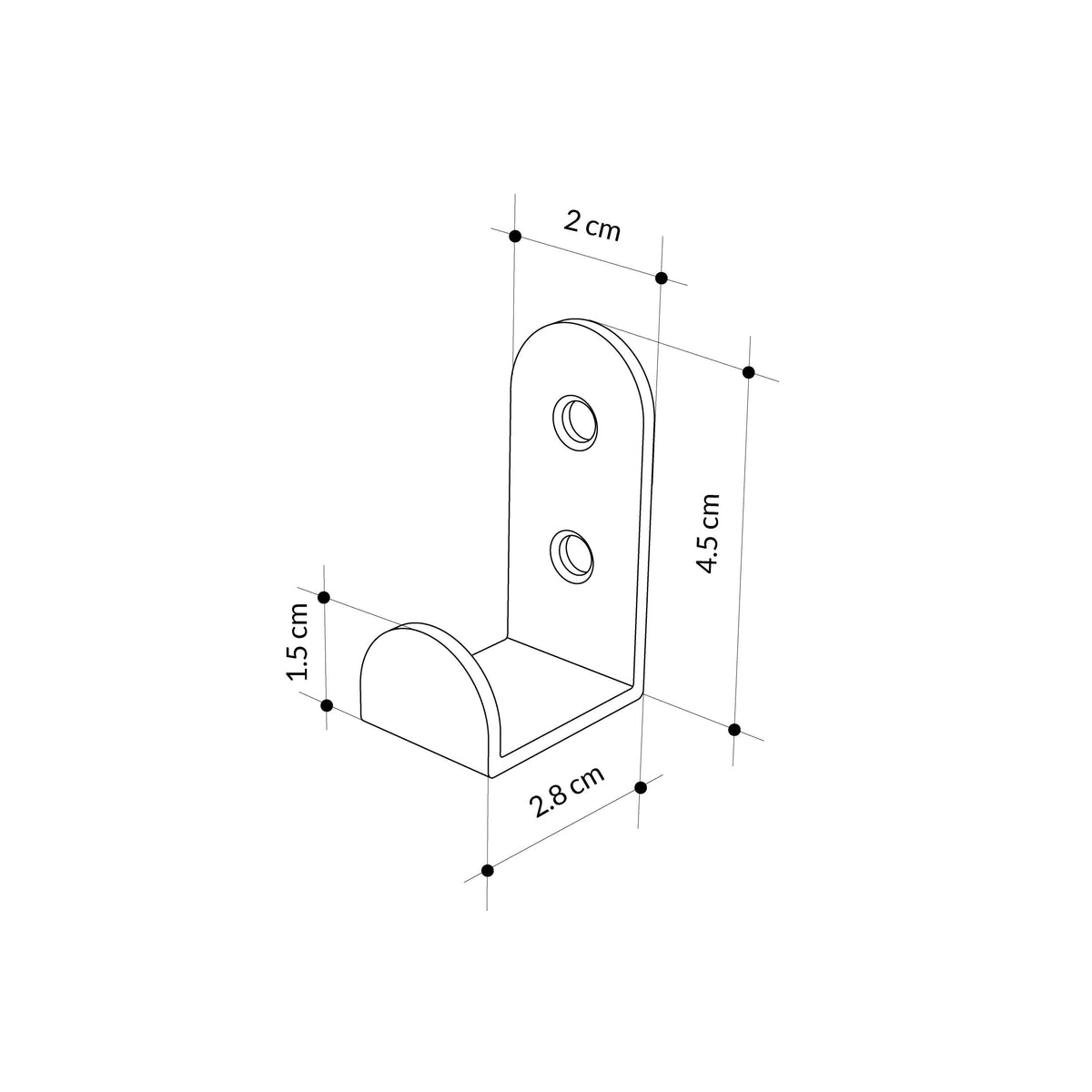 Black metal hanger hook dimensions: 2.8 cm wide, 4.5 cm tall, 1.5 cm deep