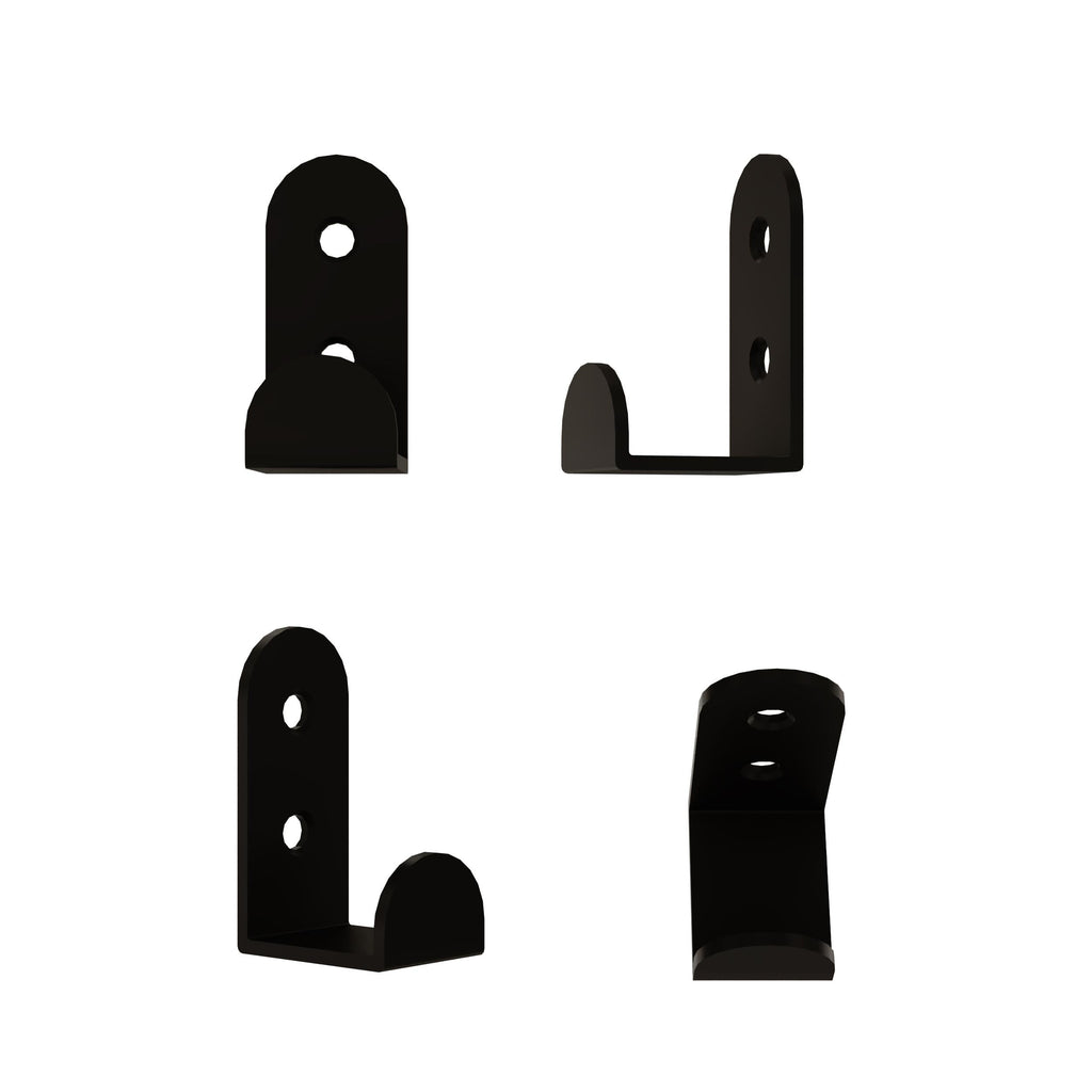 Black metal wall hooks set of 3, showing four mounting hole slots and curved arms