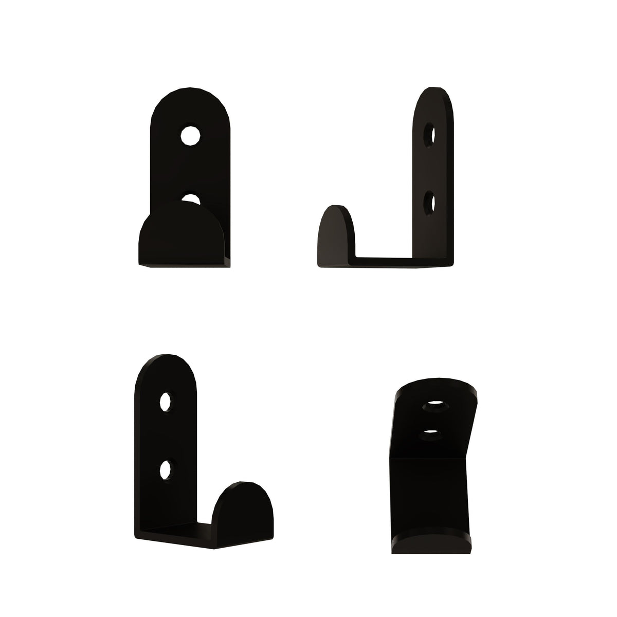 Black metal wall hooks set of 3, showing four mounting hole slots and curved arms