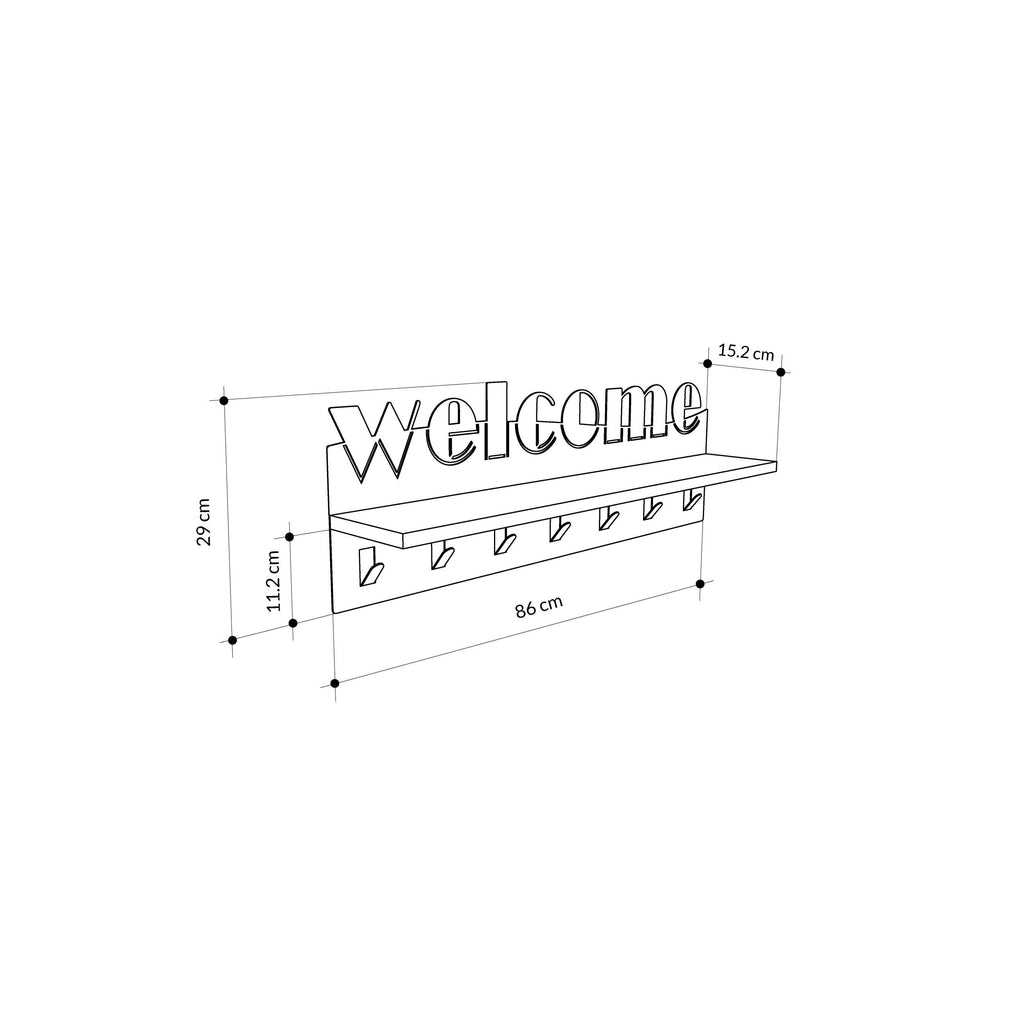 Coat hanger rack dimension diagram with hook row and welcome sign