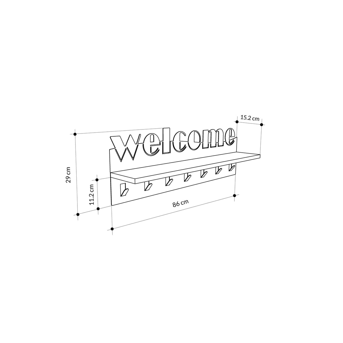 Coat hanger rack dimension diagram with hook row and welcome sign