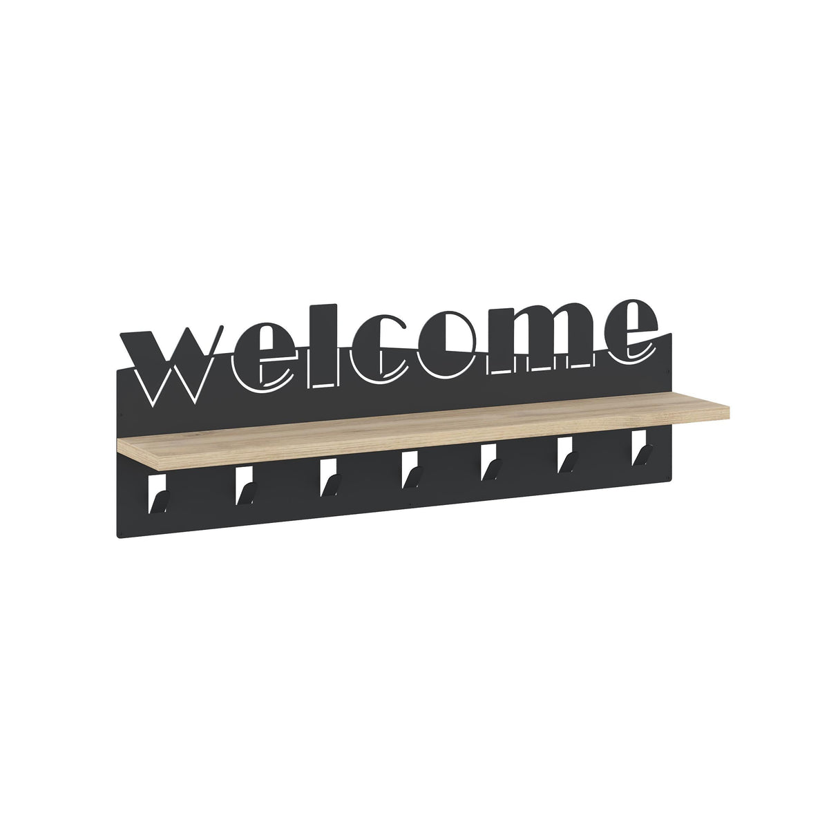 Wood-and-black coat hanger rack with a row of hooks and a welcome sign