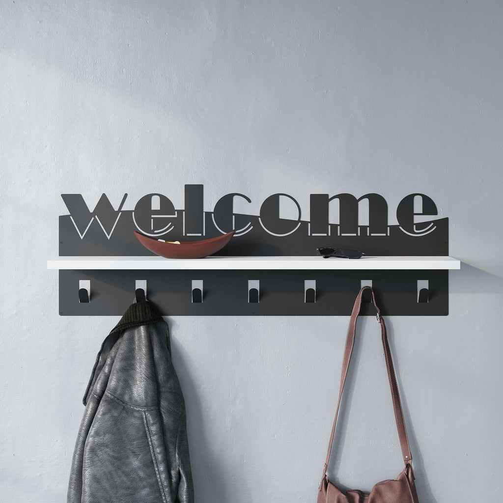 Wood-and-black hallway coat rack with multiple hooks for coats and bags