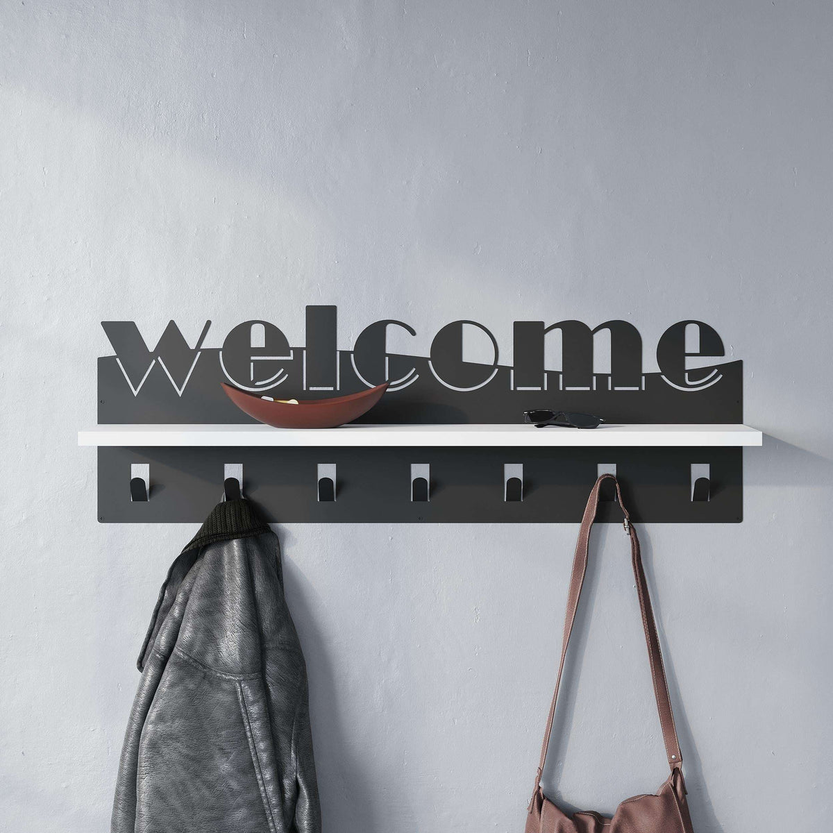 Wood-and-black hallway coat rack with multiple hooks for coats and bags