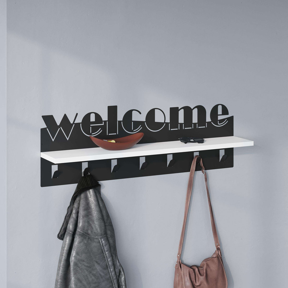 Welcome coat hanger rack with shelf and hanging hooks; coat and bag