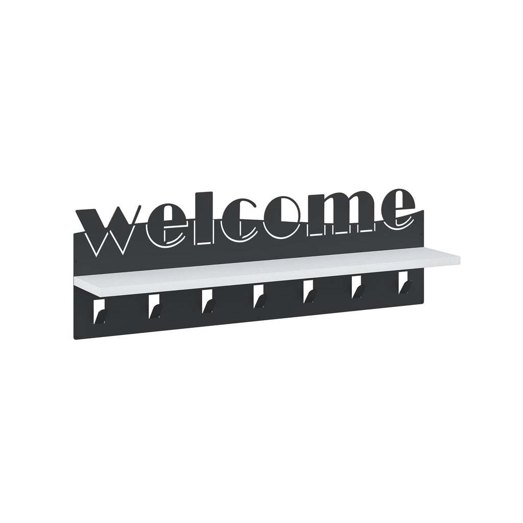 Wood-and-black coat hanger rack with a row of hooks and welcome sign